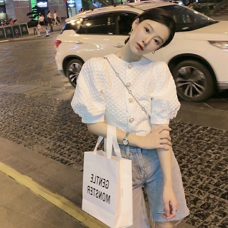 Puff Sleeve Short Tops Women Summer Blouse 2022 Vintage French Shirt Ladies Pleated Short Sleeve Top Buttons White Blouse 19812