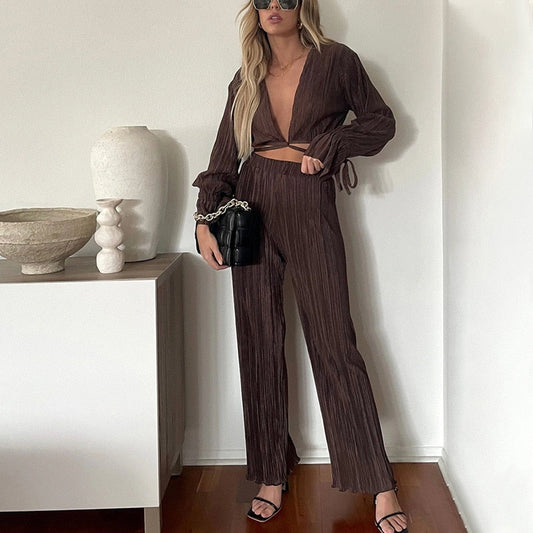 Summer Gorgeous Pleated Deep V-Neck Women Set Vintage Cropped Lace Up Top High Waist Pants Suit Female 2022 Lady New Casual Outfits