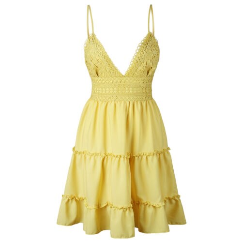 Summer Dress Women Gorgeous Strappy Lace White Mini Dresses Female Ladies Beach v Neck Party Sundress Black Yellow Pink