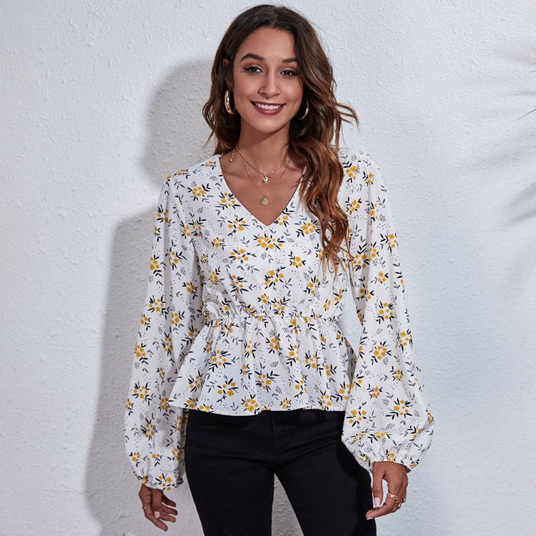 2022 New Butterfly Print Blouse Women Fashion v Neck Long Sleeve Collect Waist Design Shirts Ladies Elegant Casual Top