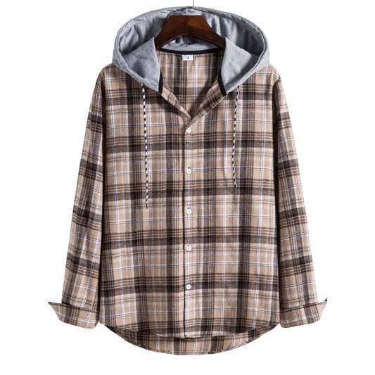 Plaid Printed Shirts Men's Autumn Long Sleeve Hooded Oversize Button Up Shirt Korean Fashion Casual Fall Outwear Top Bloose 2022