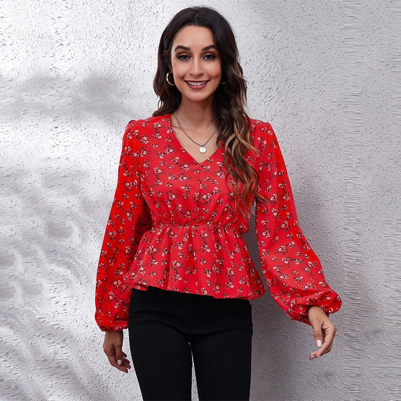 2022 New Butterfly Print Blouse Women Fashion v Neck Long Sleeve Collect Waist Design Shirts Ladies Elegant Casual Top