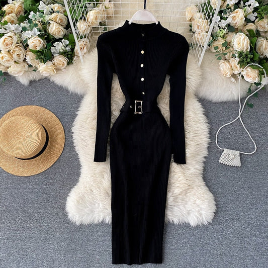 SINGRAIN Women Knitted Pencil Dress Autumn Winter Stand Collar Button Long Sleeve Slim Dress Streetwear Bodycon Sweater Dresses