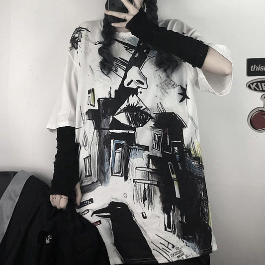 QWEEK Vintage Gothic Harajuku Graffiti T-Shirt Women Streetwear 2021 Short Sleeve Korean Style Oversized Graphic Tees Summer