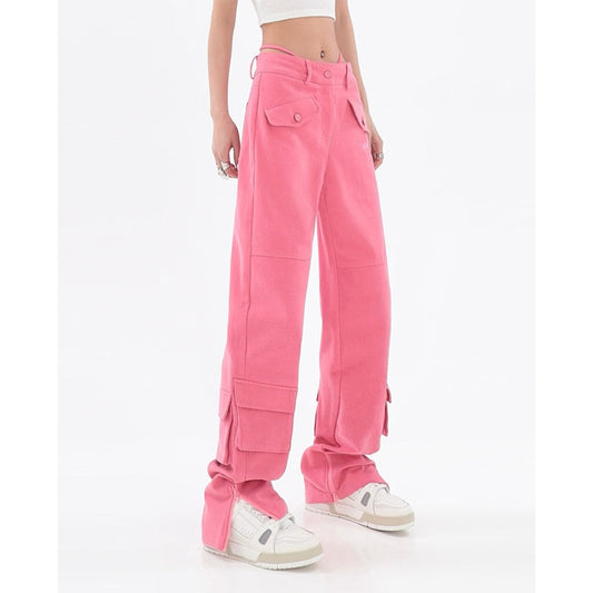 Women's Pink Cargo Jeans Pocket Straight Vintage Streetwear High Waist Casual Fashion Baggy Wide Leg Slit Denim Trouser Ladies