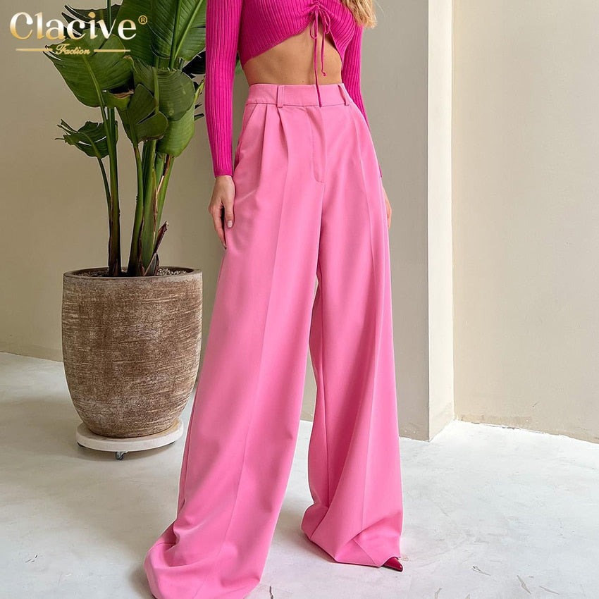 Clacive Blue Office Women'S Pants 2021 Fashion Loose Full Length Ladies Trousers Casual High Waist Wide Pants for Women