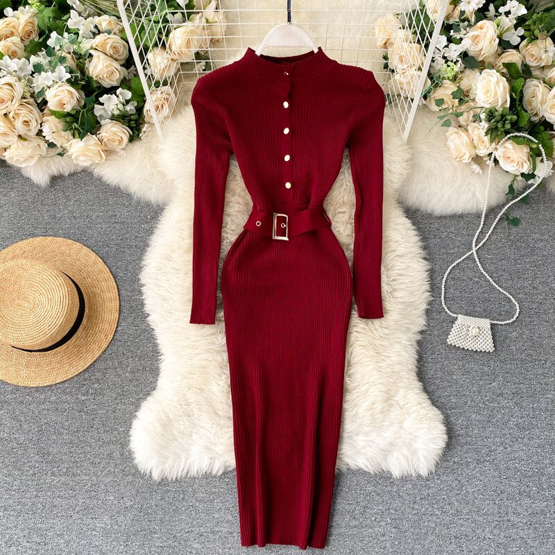 SINGRAIN Women Knitted Pencil Dress Autumn Winter Stand Collar Button Long Sleeve Slim Dress Streetwear Bodycon Sweater Dresses