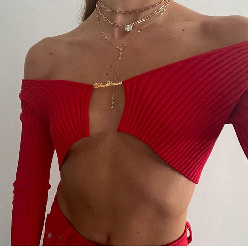 Knitted Long Sleeve Crop Top Women 2022 V-Neck Open Front Gorgeous Woman T-Shirts Club Party Y2K Top Spring Autumn Cropped Sweater