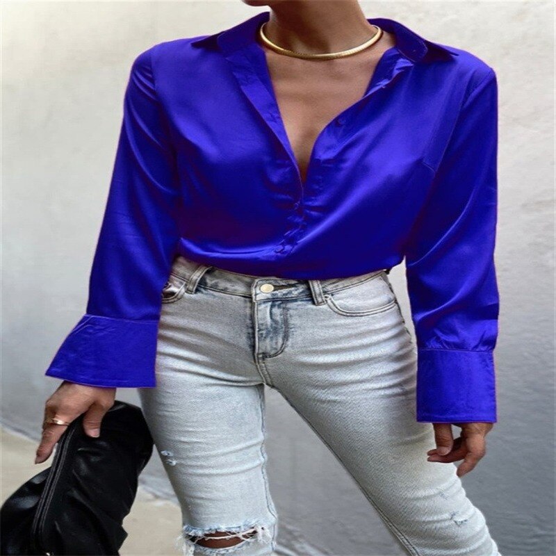 Silk Satin Women Shirt Elegant Green Loose Top Button Up Office Ladies Shirt 2022 Spring Summer Long Sleeve Blouse Vintage Tops