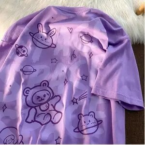 QWEEK Harajuku Kawaii Tshirts Oversized Cartoon Bear Space Short Sleeve Couple Tees Shirts Streetwear Casual Cotton Tops 2021