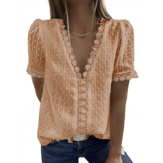 Summer Short Sleeve Womens Tops and Blouses Fashion v Neck Elegant Casual Chic Shirts Ladies Solid Lace Chiffon Blouse