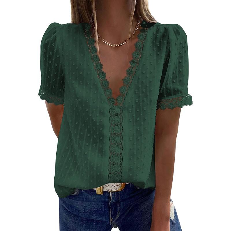 Summer Short Sleeve Womens Tops and Blouses Fashion v Neck Elegant Casual Chic Shirts Ladies Solid Lace Chiffon Blouse