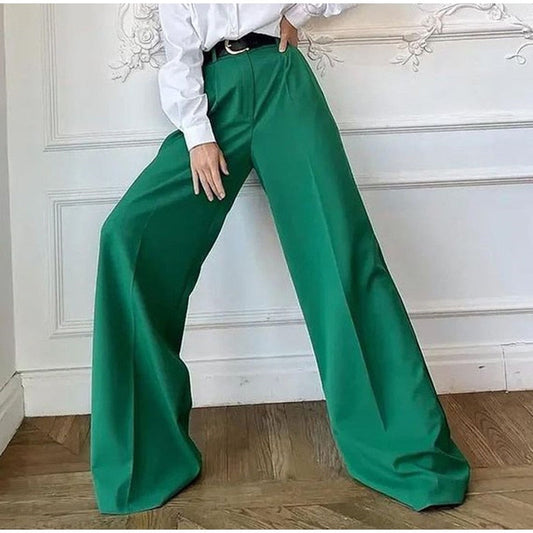 2022 Spring Women's Green High Waist Wide Leg Pants Ladies Suit Pants Loose Casual Long Trousers