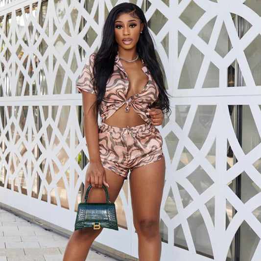 Kliou Camouflage Print Two Piece Set Women Summer Hot Beach Notched Gorgeous Cleavage Female Tops+Casual Lace Up Silky Skinny Shorts