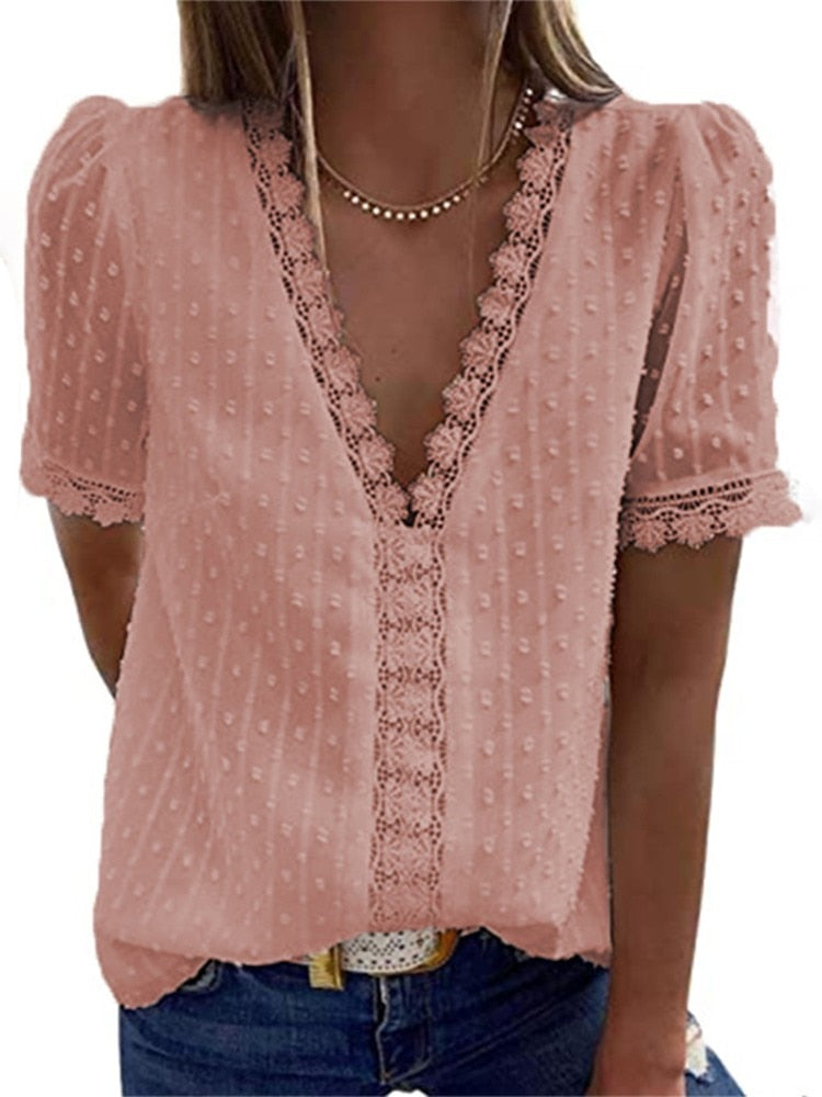 Summer Short Sleeve Womens Tops and Blouses Fashion v Neck Elegant Casual Chic Shirts Ladies Solid Lace Chiffon Blouse