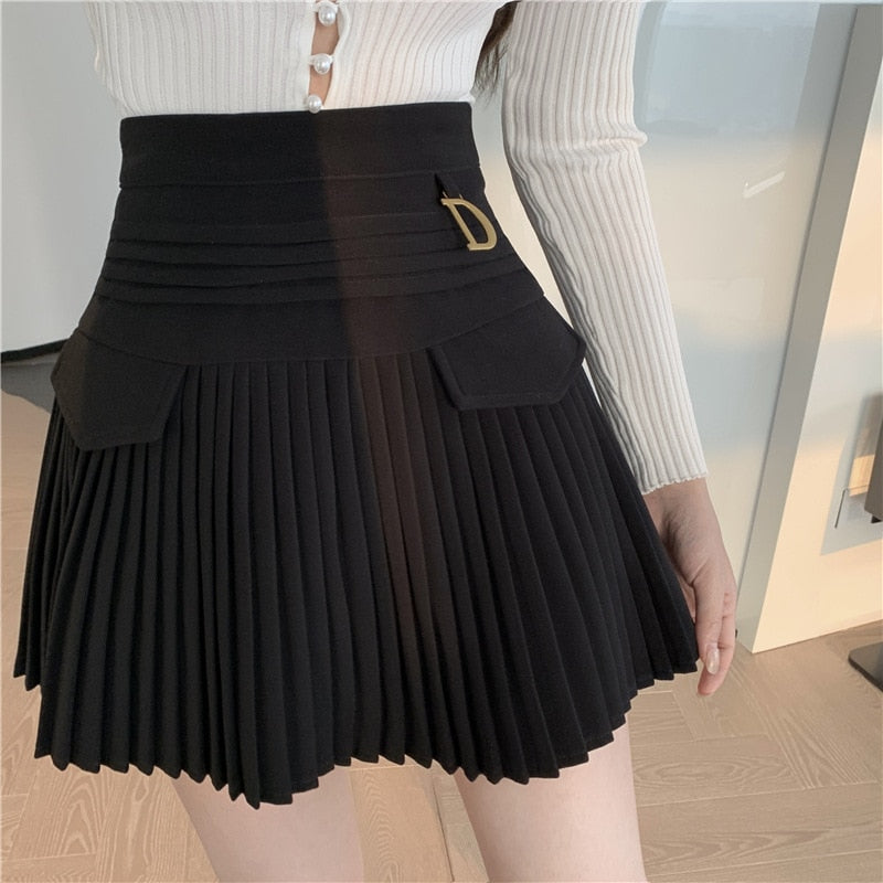 2022 White Pleated Skirts Gorgeous Casual Slim College Women High Waist Mini Metal Letter D A-Line Clubwear Korean Fashion Style