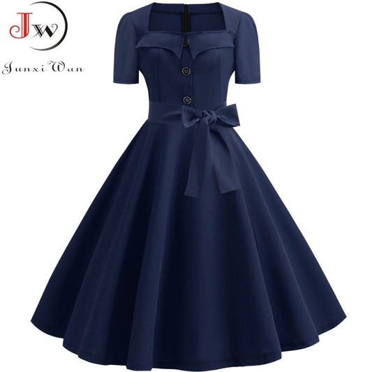 Women Summer Square Collar Short Sleeve Elegant Vintage Party Midi Dresses Floral Print High Waist A-Line Casual Holiday Vestido