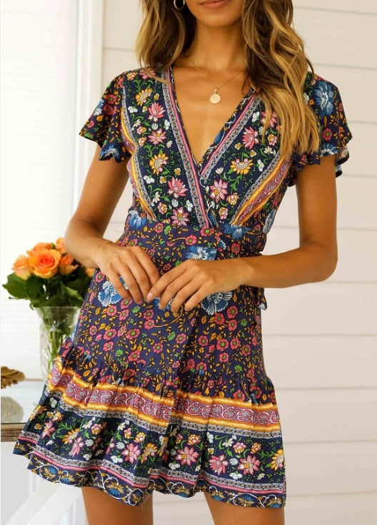 Women Short Sleeve Wrap Boho Floral Mini Dress Ladies Summer Sundress Holiday v Neck Short Sleeve Print Dress 9 Colors