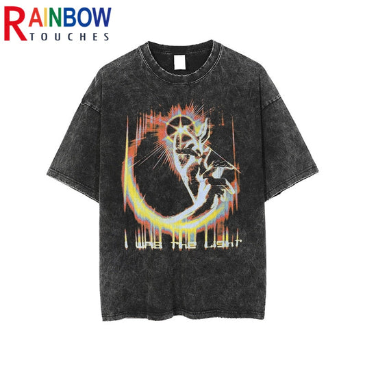 Rainbowtouches 2022 Washed Men's New T Shirt Vintage Unisex Star Pattern Design Couples Shirt High Street Graphic Mens T Shirts