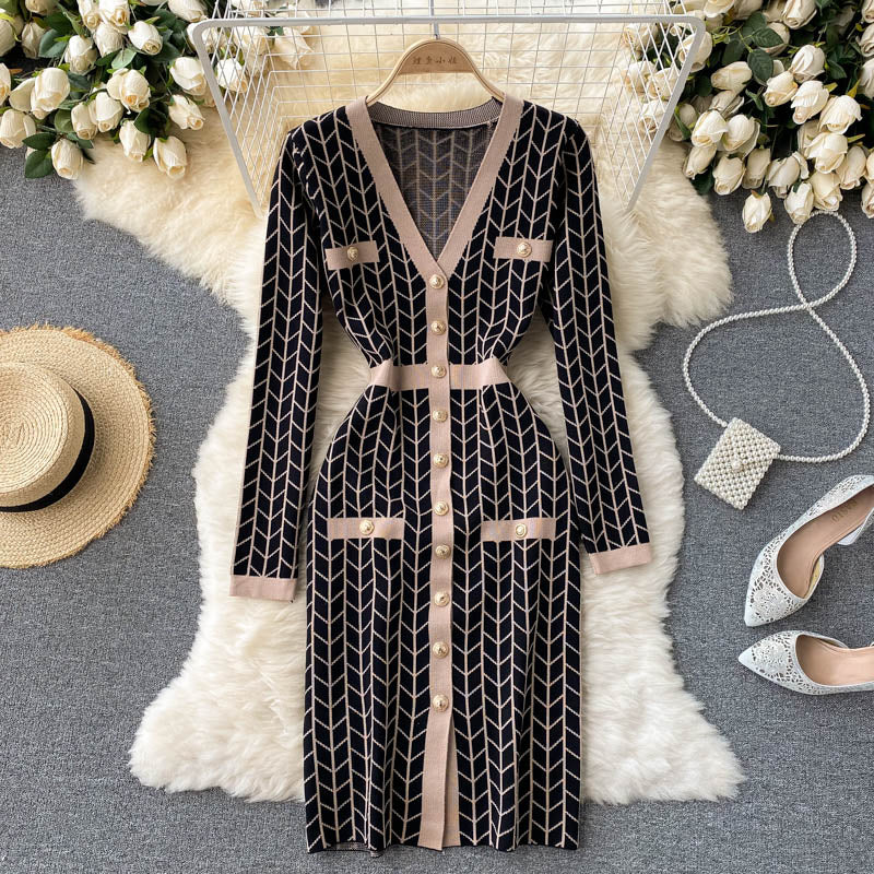 SINGREINY Women Design Plaid Knitted Dress Long Sleeve v Neck Single Breasted Slim Sheath Dresses Autumn Bodycon Sweater Dress