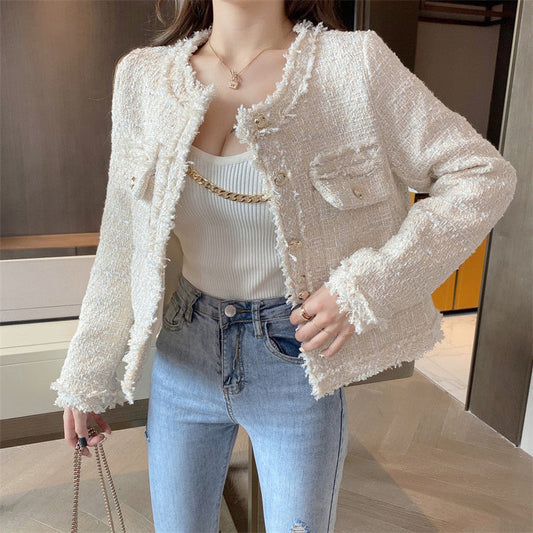 Hstar Elegant Slim Short Autumn Caot Women Korean Style Lace Pathchwork Tweed Jackets Court Style Knitted Cardigan Outwear