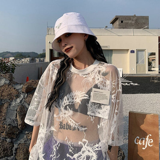 Morebylady Gothic Summer Gorgeous Mesh T Shirts Women Lace See Through Oversize Mesh Tops Semitransparent Gothic Tees Streetwear 90s