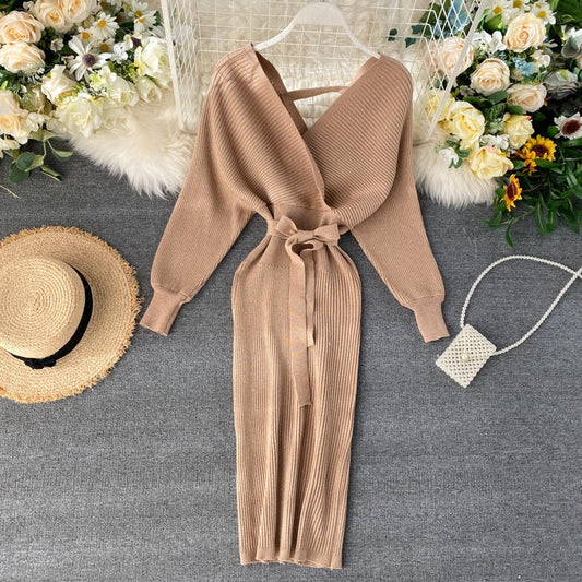 SINGRAIN Women Shiny Knitted Dress Gorgeous v Neck Puff Sleeve Elastic Sheath Knitting Dress Autumn Solid Bow Sashes Pencil Dress