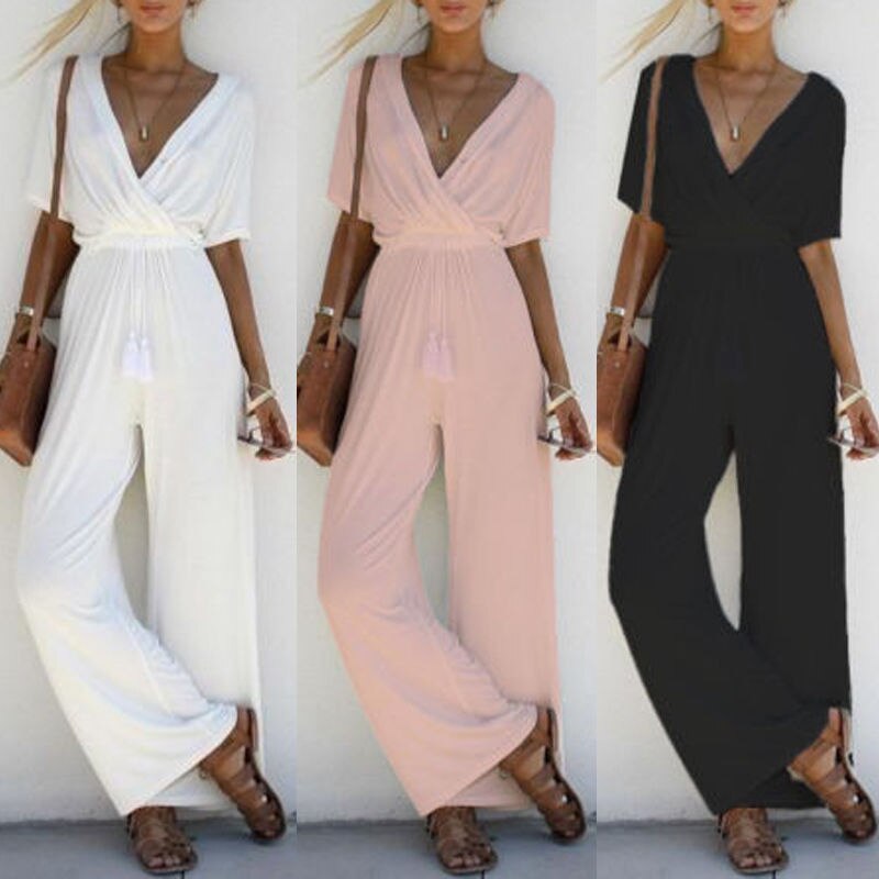 2019 Women Jumpsuit Romper Short Sleeve v Neck Casual Playsuit Overalls Ladies Wide Leg Loose White Black Pink Playsuit