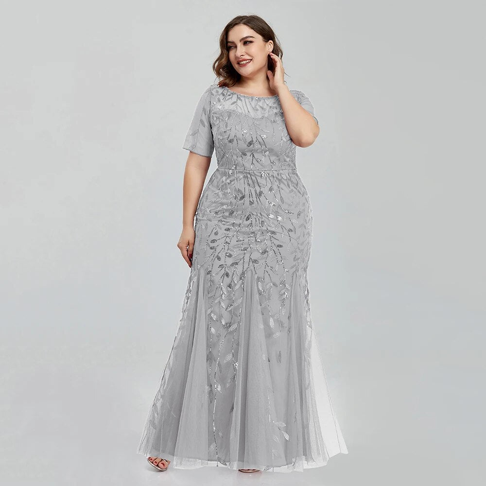 Women Plus Size Sequin Mesh Embroidery Mermaid Evening Dress Formal Short Slee