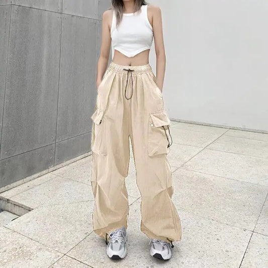 Y2K Trousers Women Cargo Pants Straight Wide Leg Drawstring Oversize Pockets Kp