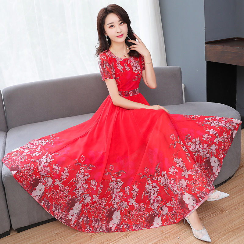 Maxi Dress Women Casual Vintage Short Sleeve Summer Dress High Quality Chiffon