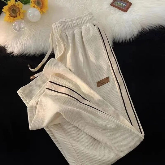 Fall Striped Corduroy Sweatpants Women Winter Thick High Waist Drawstring Wide