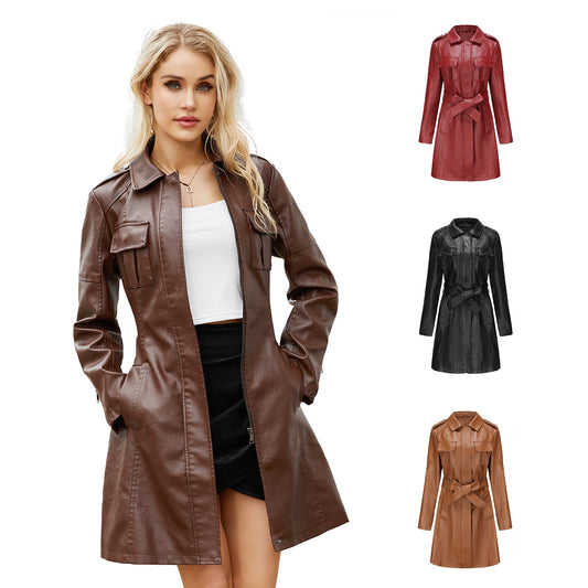 Women's Mid-length Leather Trench Coat with Belt