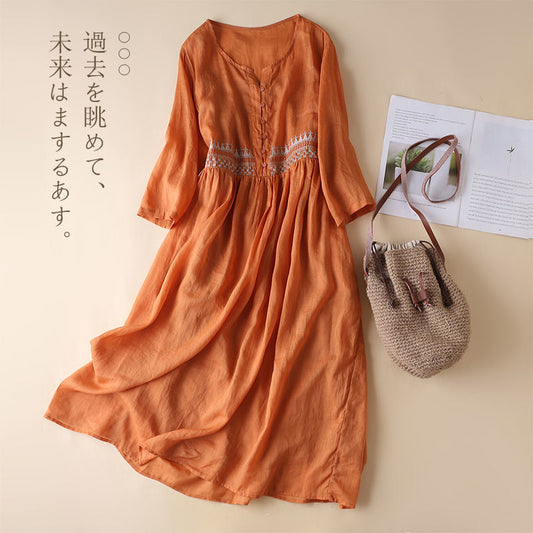 Pocket Ethnic Style Midi Dress O-neck Button Long Skirt Casual Elegant Holiday