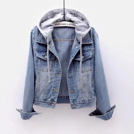 Denim Jacket Woman Hooded Short Style Clothing Retro Topcoat Pocket Buttons Lon