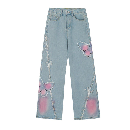 Sweet Cute Butterfly Wash Denim Trousers