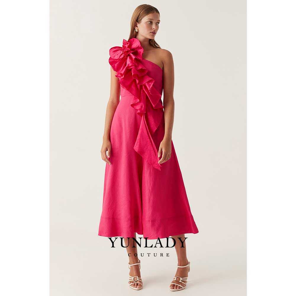 YUNLAN Gorgeous Dubai Pink One Shoulder Sleeve Midi Ball Dress 2024 Women Weddi