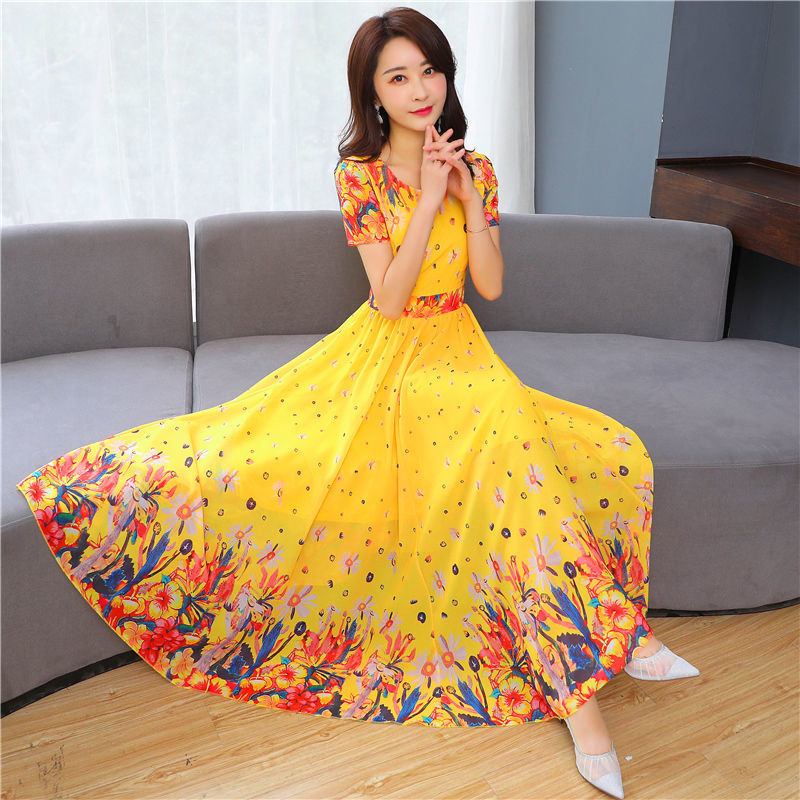 Maxi Dress Women Casual Vintage Short Sleeve Summer Dress High Quality Chiffon