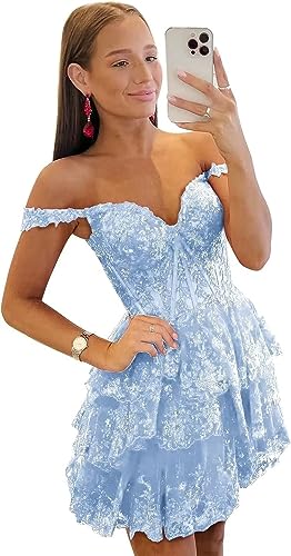 Off-the-Shoulder Sweetheart Tulle Homecoming Dresses Lace Tiered Sleeveless Spa