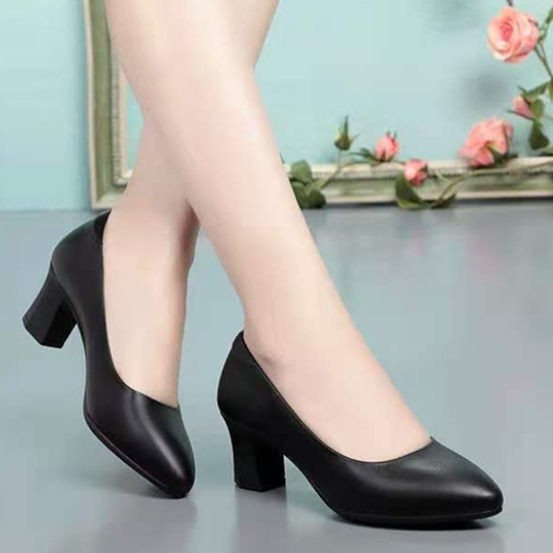 Women Classic Black Pu Leather High Quality Heel Shoes Sapatos Femininas Lady F