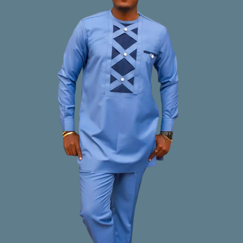 Dashiki African Men Clothing Long Sleeve Round Neck Geometric Panel Shirt and P