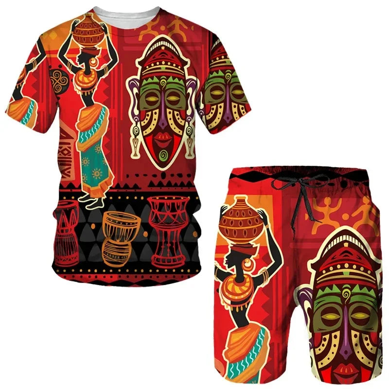 Men Women Sports Suit 3D African Print T-Shirt Shorts Short Sleeve Ethnic Style