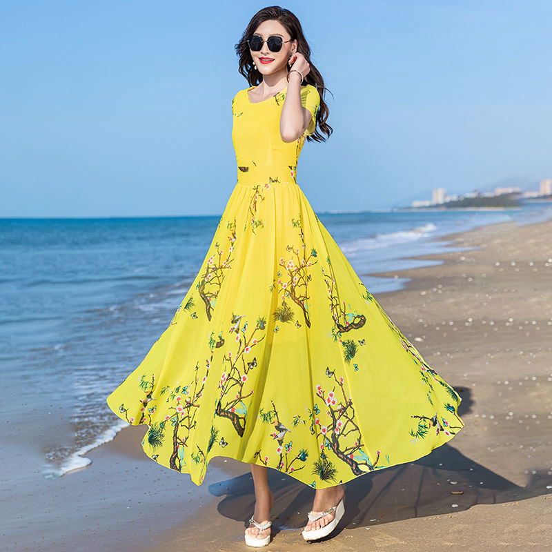 Maxi Dress Women Casual Vintage Short Sleeve Summer Dress High Quality Chiffon