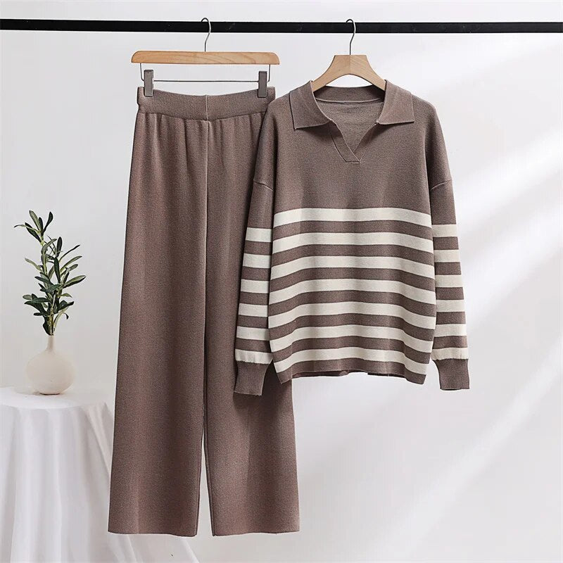 Winter Knit Tracksuit Two Piece Set Striped Sweater Matching Sets Women Knit Su