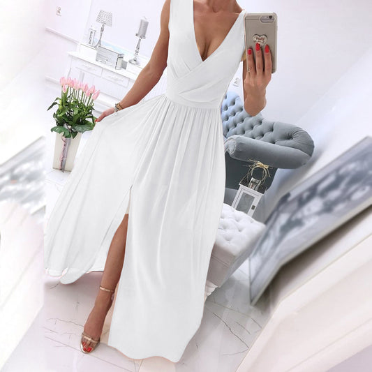 Women's Dresses Summer Pleated V Neck Sleeveless Side Slit Long Maxi Casual Ch