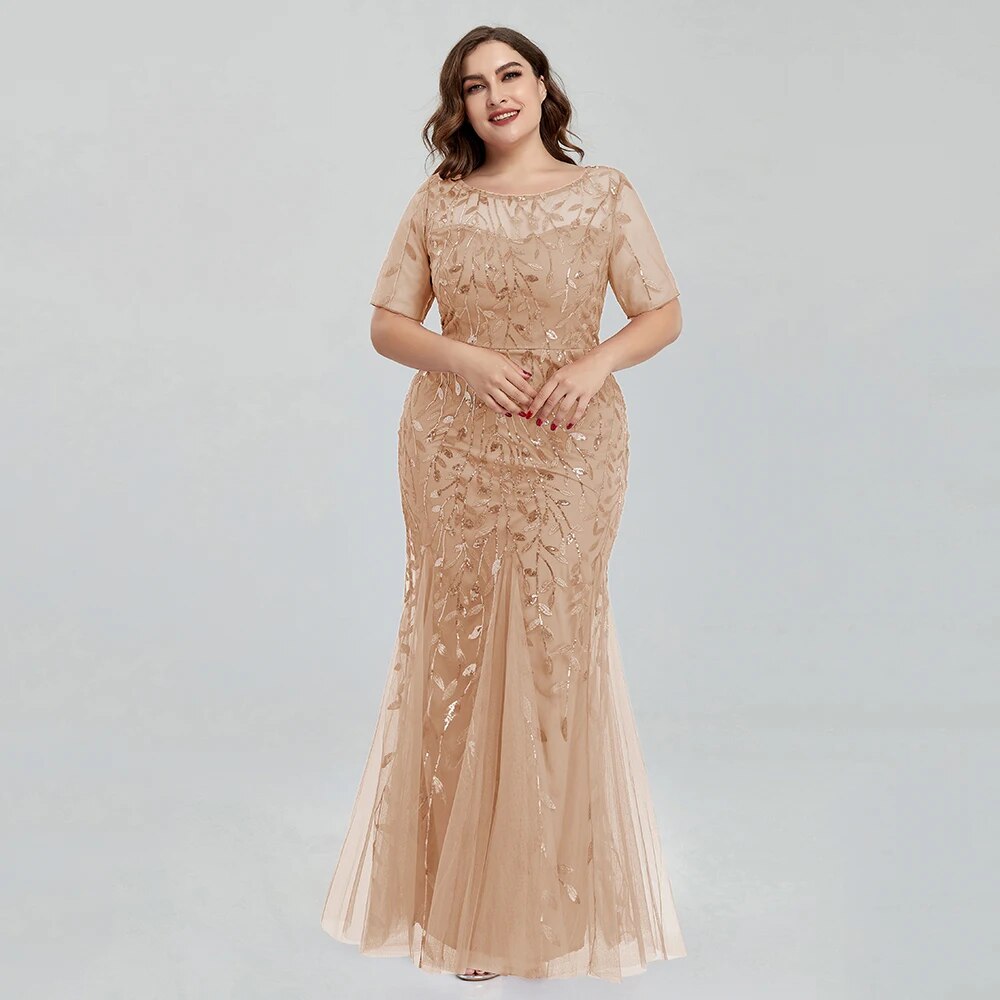 Women Plus Size Sequin Mesh Embroidery Mermaid Evening Dress Formal Short Slee