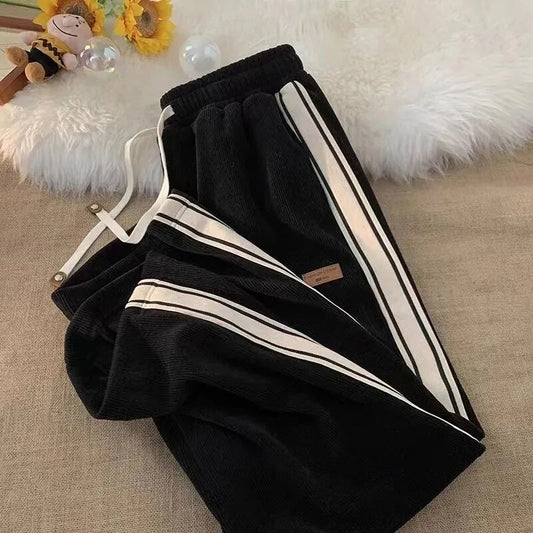 Fall Striped Corduroy Sweatpants Women Winter Thick High Waist Drawstring Wide