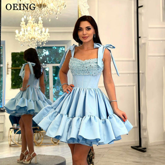 OEING Elegant Short Party Dresses Sweetheart Spaghetti Straps Corset Back Prom