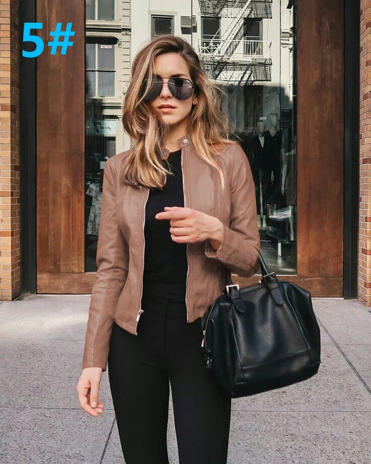 2023 Autumn/Winter Women's Fashion Fake Leather PU Suit Small Coat Cool Solid C