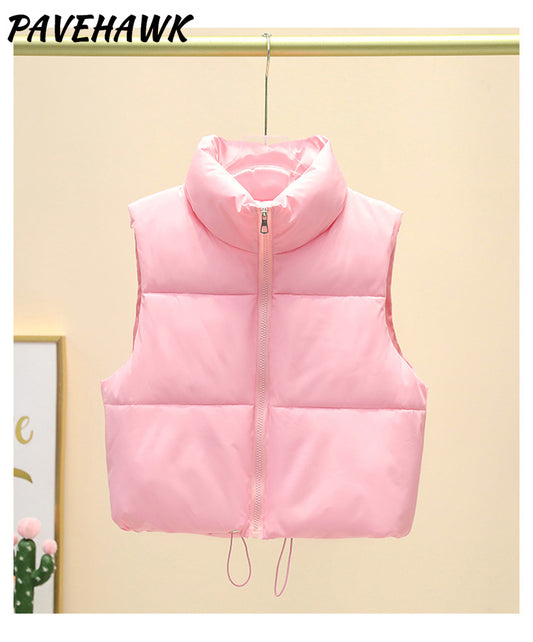 Women Autumn Winter Short Down Vest Stand Collar Warm Casual Elegant Sleeveless